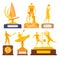 Gold trophy, bright sports kookbok, winners in different sports, design cartoon style vector illustration, isolated on
