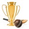 Gold trophy cup award with cricket bat and ball, 3D rendering