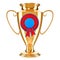 Gold trophy cup award with medal badge from ribbons, 3D rendering