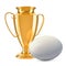 Gold trophy cup award with rugby ball, 3D rendering