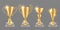 Gold trophy. Realistic golden award cups collection. Shine trophies isolated on transparent background