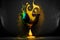 Gold trophy with sparkly overlay over dark background, creative digital illustration painting