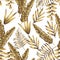 Gold tropical leaves seamless white background