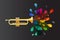 Gold trumpet with abstract colorful flowers