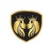 Gold twin lions royal logo with black shield shapes and crown king