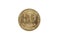 A gold Ukranian fifty kopiyka coin on a white background