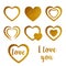 Gold vector hearts set. Golden shining heart shapes isolated on white background. Sparkling festive valentines decor with gold