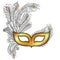 Gold Venetian carnival mask Colombina with outline peacock feathers in black on white background.