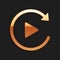 Gold Video play button like simple replay icon isolated on black background. Long shadow style. Vector
