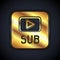 Gold Video with subtitles icon isolated on black background. Vector