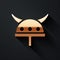 Gold Viking in horned helmet icon isolated on black background. Long shadow style. Vector