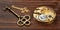 Gold vintage keys with clockwork, escape room game banner