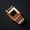 Gold Walkie talkie icon isolated on black background. Portable radio transmitter icon. Radio transceiver sign. Long