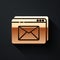 Gold Website and envelope, new message, mail icon isolated on black background. Usage for e-mail newsletters, headers