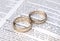 Gold wedding rings on a page showing love