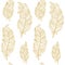 Gold on white boho style seamless pattern with ethnic bird feathers. Vector hand drawn, tribal gipsy concept.