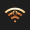 Gold Wifi locked sign icon isolated on black background. Password Wi-fi symbol. Wireless Network icon. Wifi zone. Long