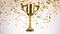 Gold winners trophy, champion cup with falling confetti on white background. generative ai