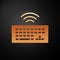 Gold Wireless computer keyboard icon isolated on black background. PC component sign. Internet of things concept with