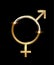 Goldeb Mars and Venus united sign on black backdrop. Male and female gender equality symbol. Conceptual logo template