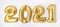 Golden 2021 balloons. Banner with gold metallic foil numbers for Happy New Year celebration on white background