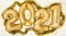 Golden 2021 balloons. Gold metallic foil numbers for Happy New Year celebration on white background with confetti stars