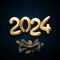 Golden 2024 numbers on dark blue background. Black satin bow on gold fir branches