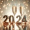 Golden 2024 with two champagne glasses, bubbles and sparkles on shiny bokeh lights background