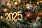 Golden 2025 numerals with Christmas tree and festive ornaments in a cozy setting