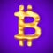 Golden 3D Bitcoin logo with pixels on surface on blue background