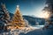 A golden-adorned Christmas tree amidst a picturesque winter landscape