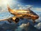 Golden airplane flies in blue sky with dramatic clouds. Concept of passenger airline companies, travel, plane transportation,