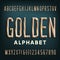 Golden alphabet font. Beveled condensed  letters, numbers and symbols with shadow.