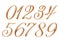 Golden alphabet, numbers 0 1 2 3 4 5 6 7 8 9, metallic embossed letters, 3d illustration