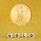 Golden american eagle one ounce coin levitating on the letters gold made of white dices