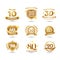 Golden Anniversary happy holiday festive celebration emblems set with ribbons isolated vector illustration. White background.