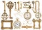 Golden antique accessories. baroque frame, vintage keys, clock