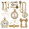 golden antique accessories. vintage keys, clock, compass, glasses, pocket watch, frame