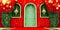 Golden arabic ornament on the red wall with islamic door. islamic vip concept, ramadan, eid mubarak, red curtains.