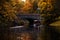 Golden autumn canal with a boat in the centre of Riga, Latvia