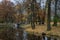 Golden autumn with colorful leaves. Pond in Alexander Park in Pu