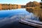 Golden autumn forest and blue sky reflect on the smooth surface of the lake near the old small wooden pier at evening.