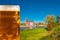 Golden Autumn and golden beer in front of cathedral in Magdeburg, Germany