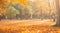 Golden Autumn Leaves in Sunlit Park: Beautiful Bokeh Photography.