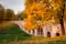 Golden autumn in Moscow parks. The Large Bridge Gothic across the gully in Tsaritsyno park.