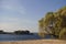 Golden autumn. Willows on the shore of the lake. Beautiful view. Prstory.