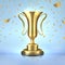 Golden award. Realistic champion cup, 3D winner trophy design template, leadership concept with confetti. Vector golden