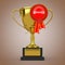 Golden Award Trophy with Red Award Ribbon Rosette and Winner Sign. 3d Rendering