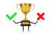 Golden Award Winner Trophy Mascot Person Character with Red Cross and Green Check Mark, Confirm or Deny, Yes or No Icon Sign. 3d