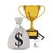 Golden Award Winner Trophy Mascot Person Character with Tied Rustic Canvas Linen Money Sack or Money Bag with Dollar Sign. 3d